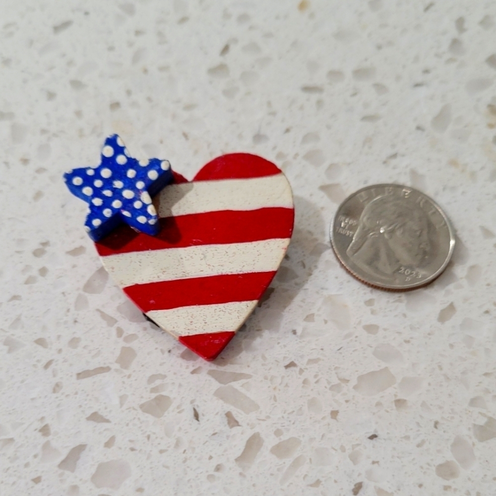 Patriotic Wooden Heart Brooch with Star – Red, White & Blue Americana Flair